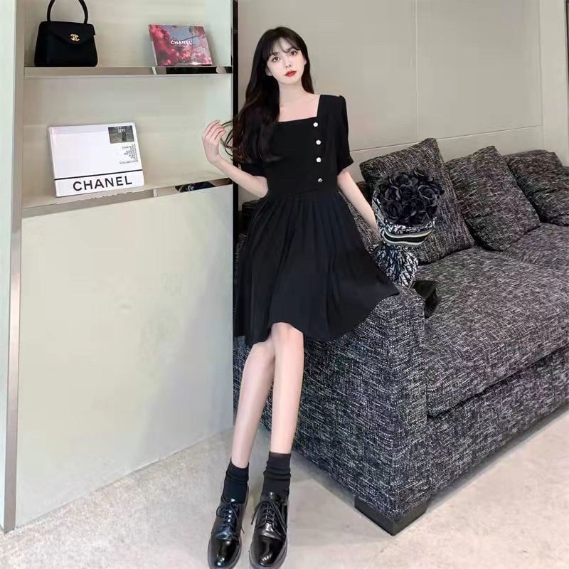 Puff-Sleeve Square Neck Plain A-Line Dress