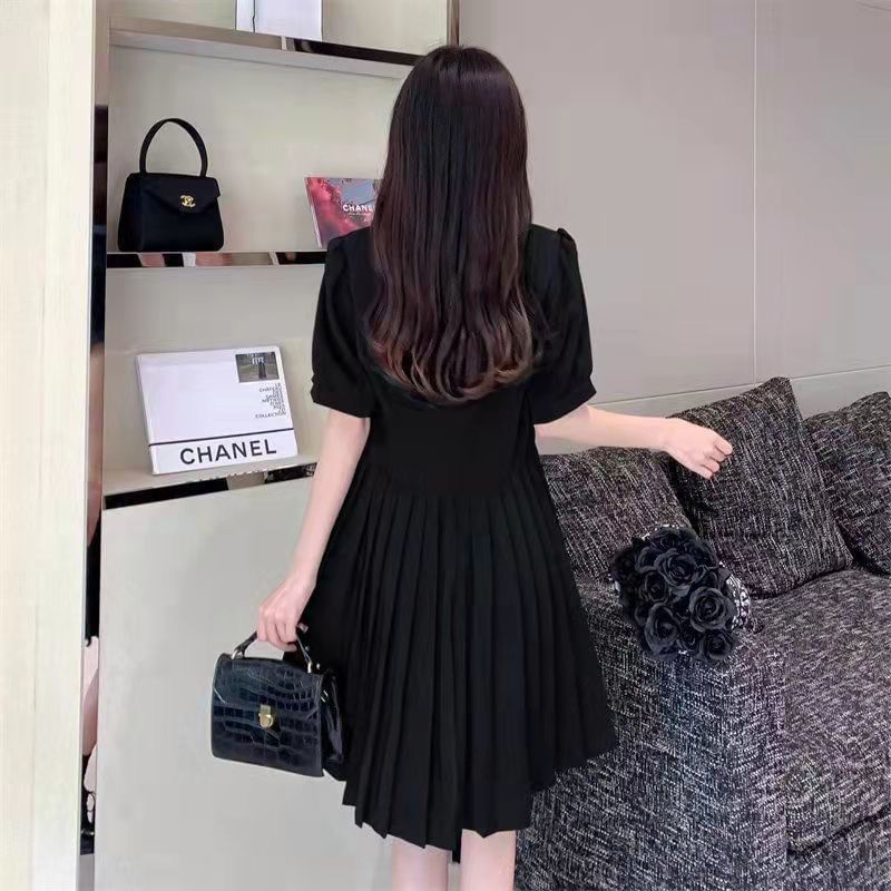 Puff-Sleeve Square Neck Plain A-Line Dress