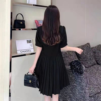 Puff-Sleeve Square Neck Plain A-Line Dress