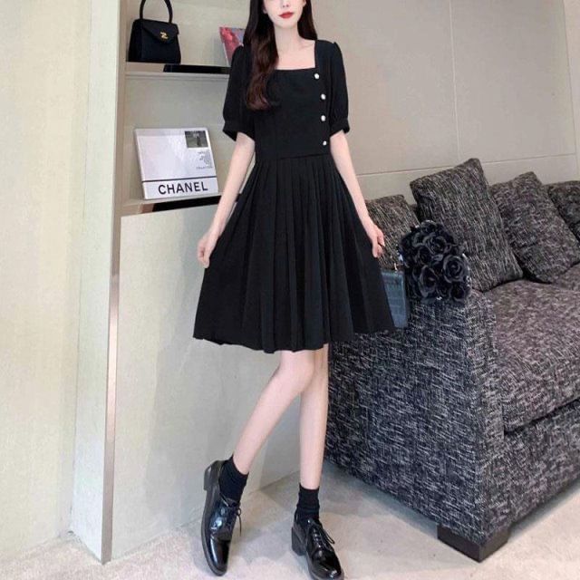 Puff-Sleeve Square Neck Plain A-Line Dress