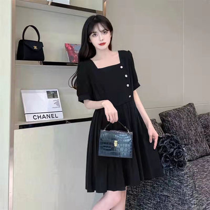 Puff-Sleeve Square Neck Plain A-Line Dress