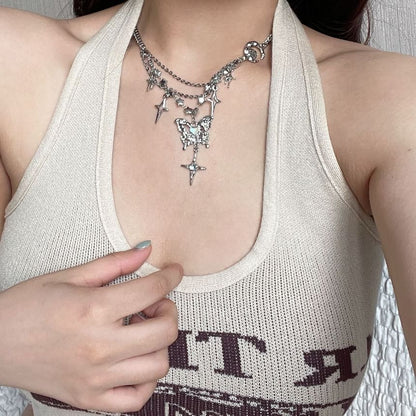 Butterfly Pendant Star Fringed Necklace