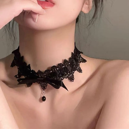 Bead Pendant Bow Lace Choker