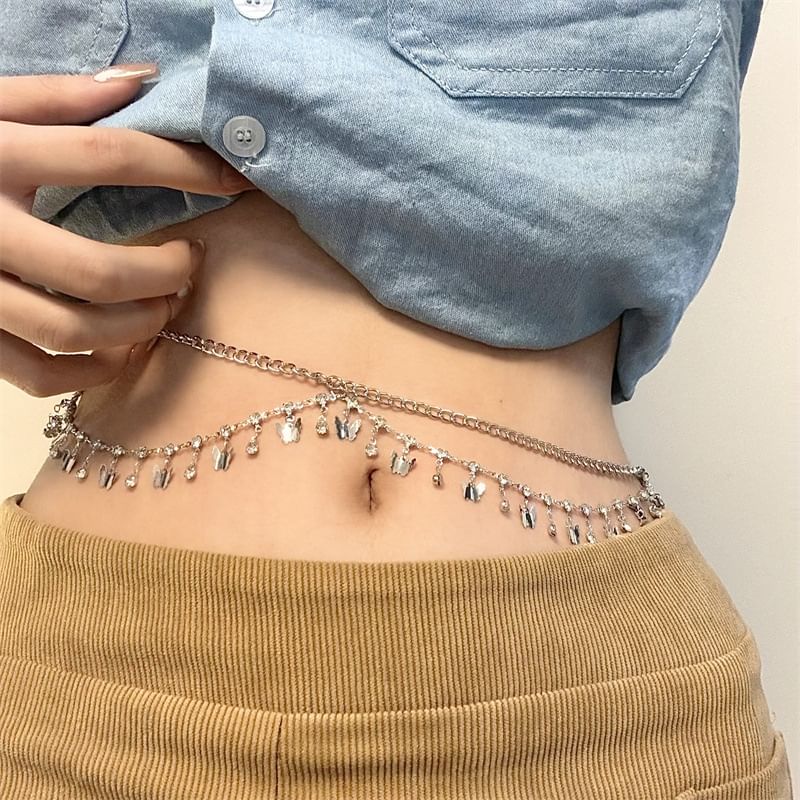 Rhinestone Fringed Layered Waist Chain