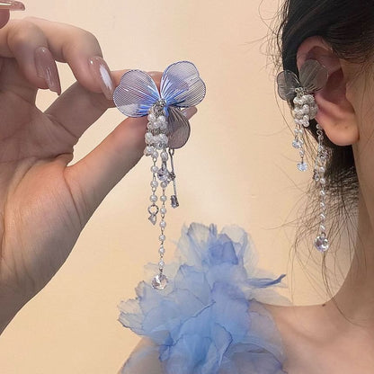 Floral Rhinestone Faux Pearl Fringed Ear Cuff