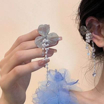 Floral Rhinestone Faux Pearl Fringed Ear Cuff
