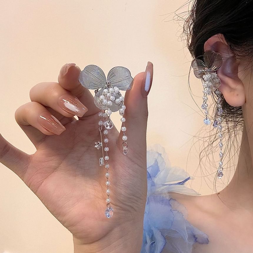 Floral Rhinestone Faux Pearl Fringed Ear Cuff