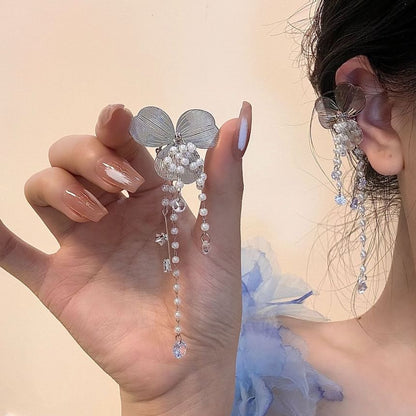 Floral Rhinestone Faux Pearl Fringed Ear Cuff