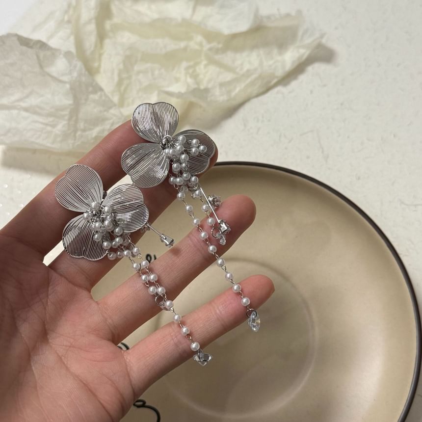 Floral Rhinestone Faux Pearl Fringed Ear Cuff