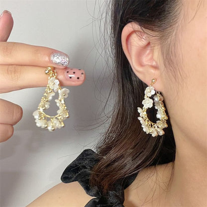 Floral Faux Pearl Fringed Hoop Earring