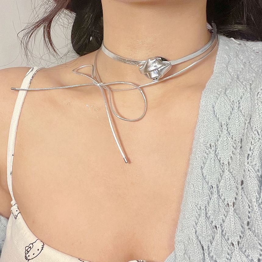Bow Floral Layered Faux Leather Choker