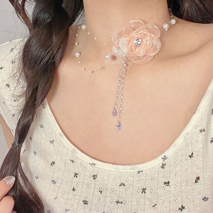 Floral Faux Pearl Fringed Necklace