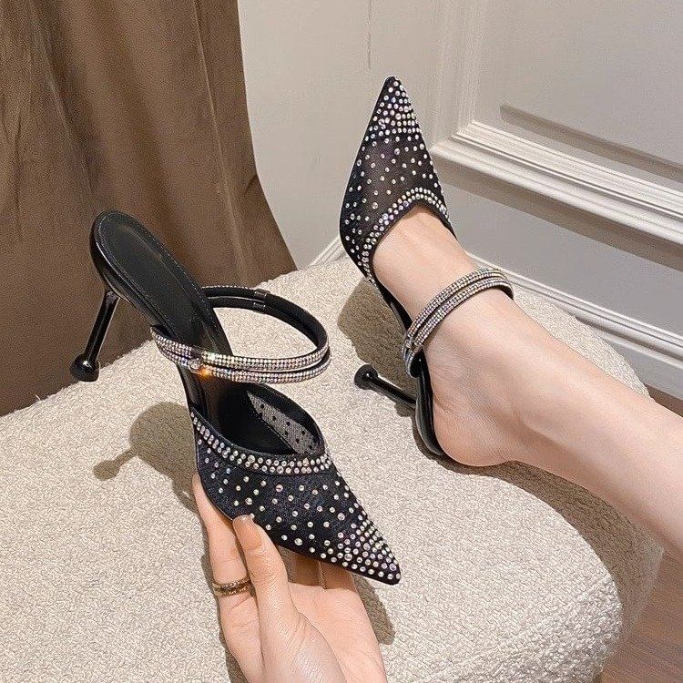 Pointed Rhinestone Stiletto Mules