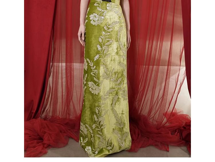 Floral Evening Sheath Strapless Gown