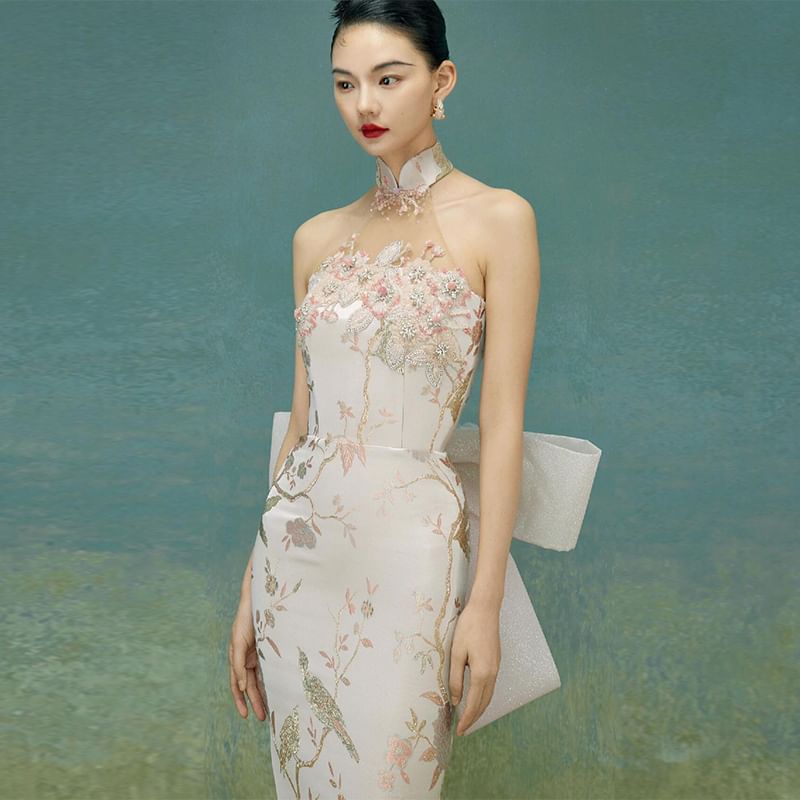 Evening Gown Bow Floral Back Mermaid Halter