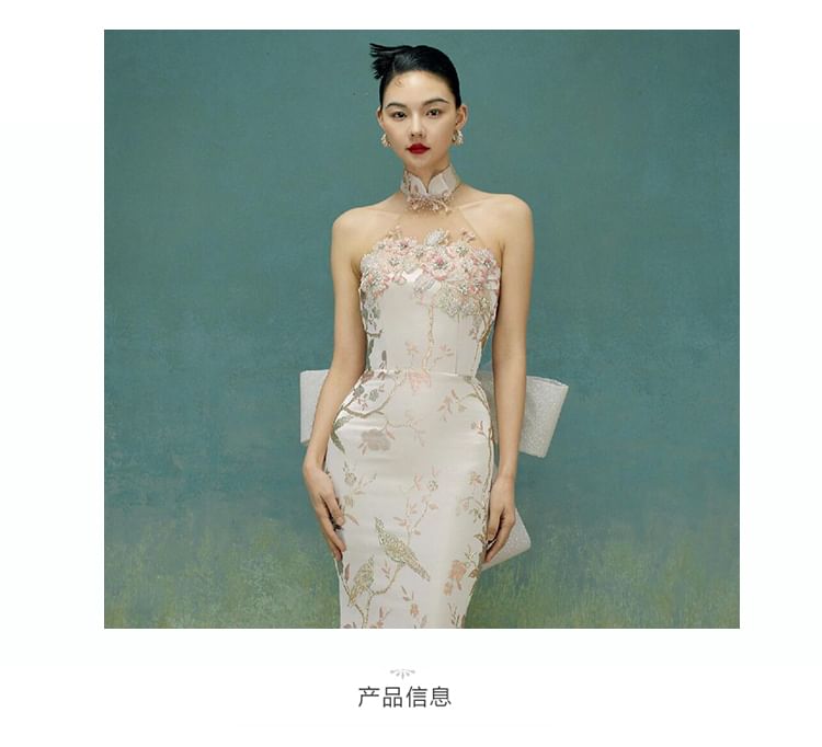 Evening Gown Bow Floral Back Mermaid Halter