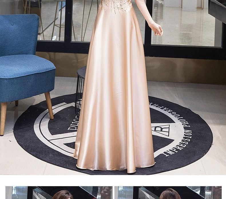 Short-Sleeve Gown A-Line Evening Sequin