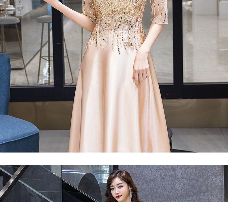 Short-Sleeve Gown A-Line Evening Sequin