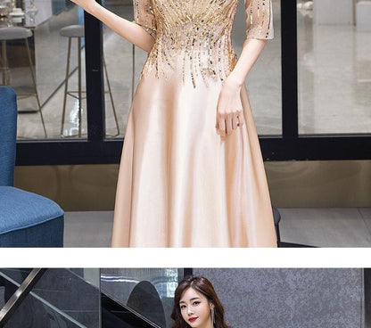Short-Sleeve Gown A-Line Evening Sequin