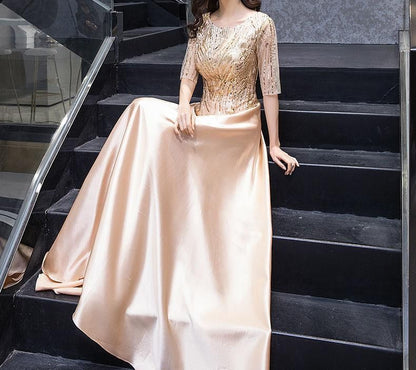 Short-Sleeve Gown A-Line Evening Sequin