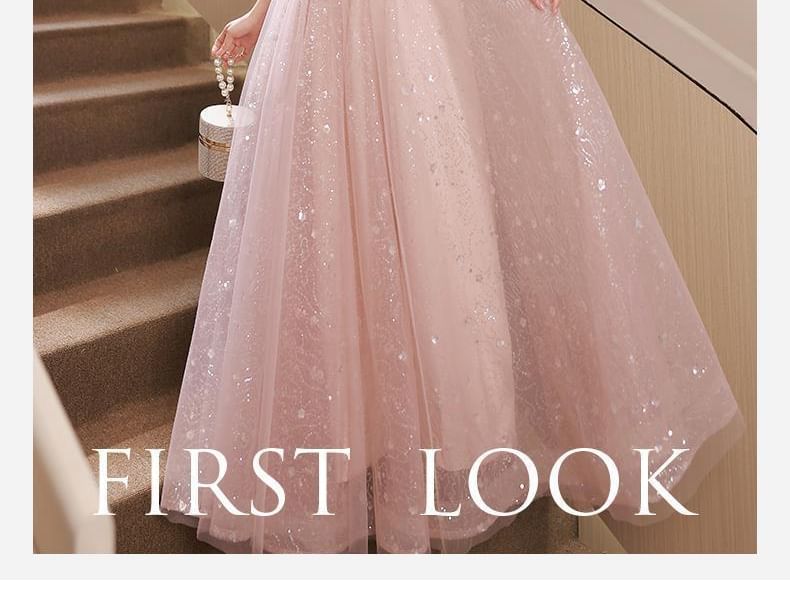 / Gown Dress Mesh Evening Short-Sleeve Glitter A-Line