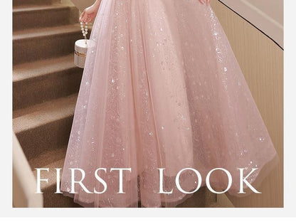 / Gown Dress Mesh Evening Short-Sleeve Glitter A-Line