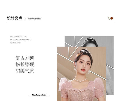 / Gown Dress Mesh Evening Short-Sleeve Glitter A-Line