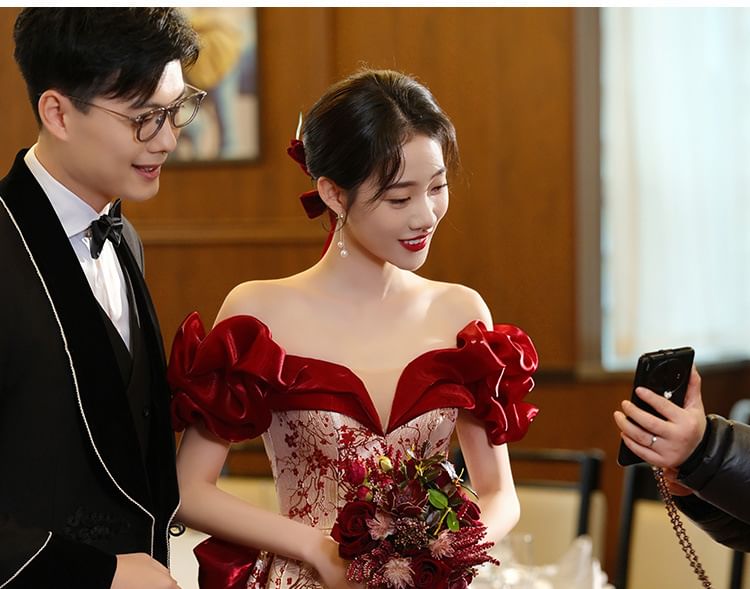 A-Line Floral Off Gown Dress / Shoulder Evening