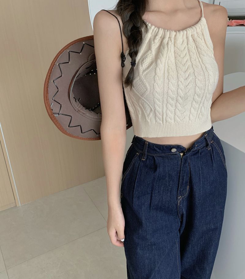 Plain Cable-Knit Cropped Halter Top