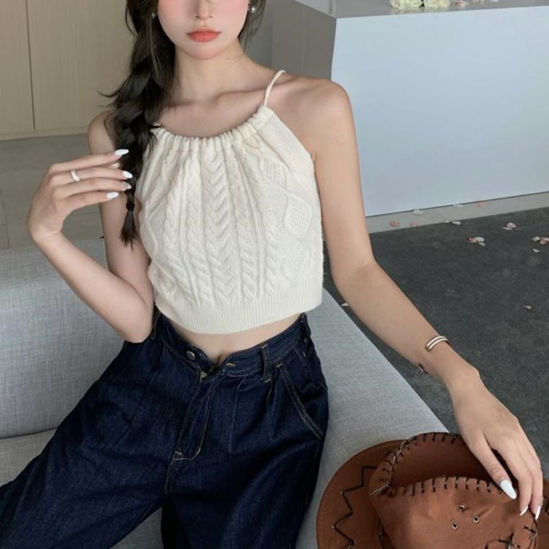 Plain Cable-Knit Cropped Halter Top