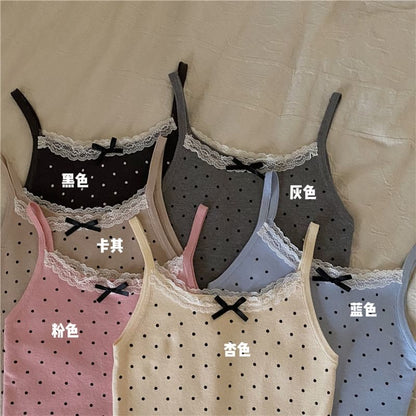 Dotted Lace Trim Bow Camisole Top