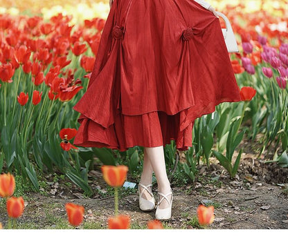 Spaghetti Strap Plain Flower Detail Ruffle Midi A-Line Dress