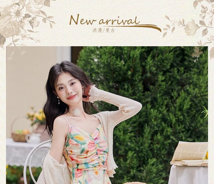 Spaghetti Strap Floral Print Midi A-Line Dress / Plain Cardigan / Set