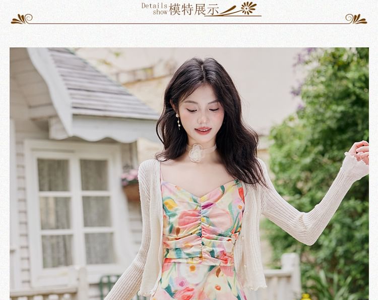 Spaghetti Strap Floral Print Midi A-Line Dress / Plain Cardigan / Set