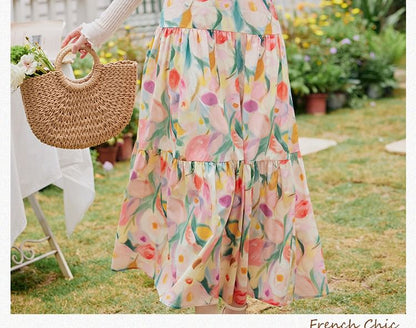 Spaghetti Strap Floral Print Midi A-Line Dress / Plain Cardigan / Set