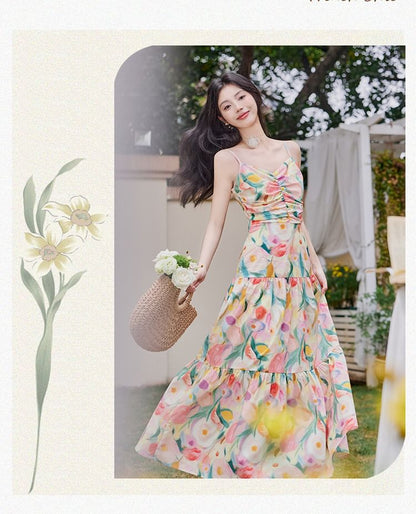 Spaghetti Strap Floral Print Midi A-Line Dress / Plain Cardigan / Set