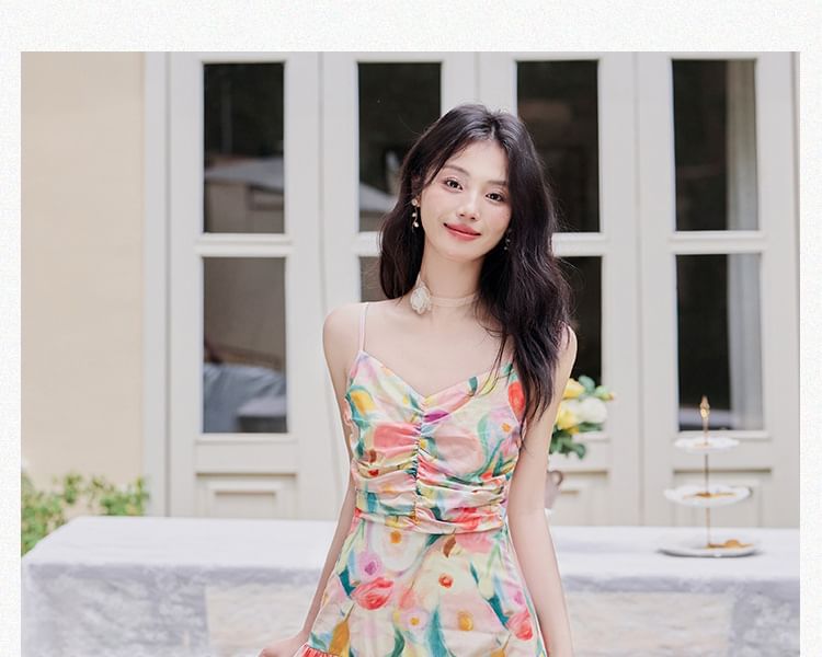 Spaghetti Strap Floral Print Midi A-Line Dress / Plain Cardigan / Set