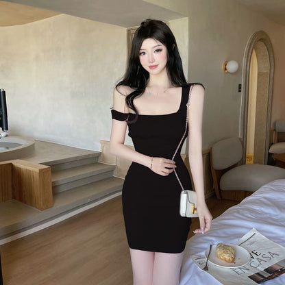 Sheath Knit Sleeveless Mini Dress Plain Neck Square