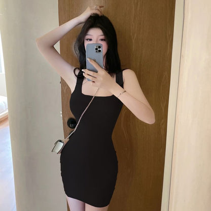 Sheath Knit Sleeveless Mini Dress Plain Neck Square