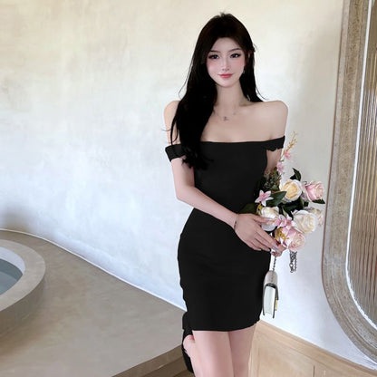 Sheath Knit Sleeveless Mini Dress Plain Neck Square