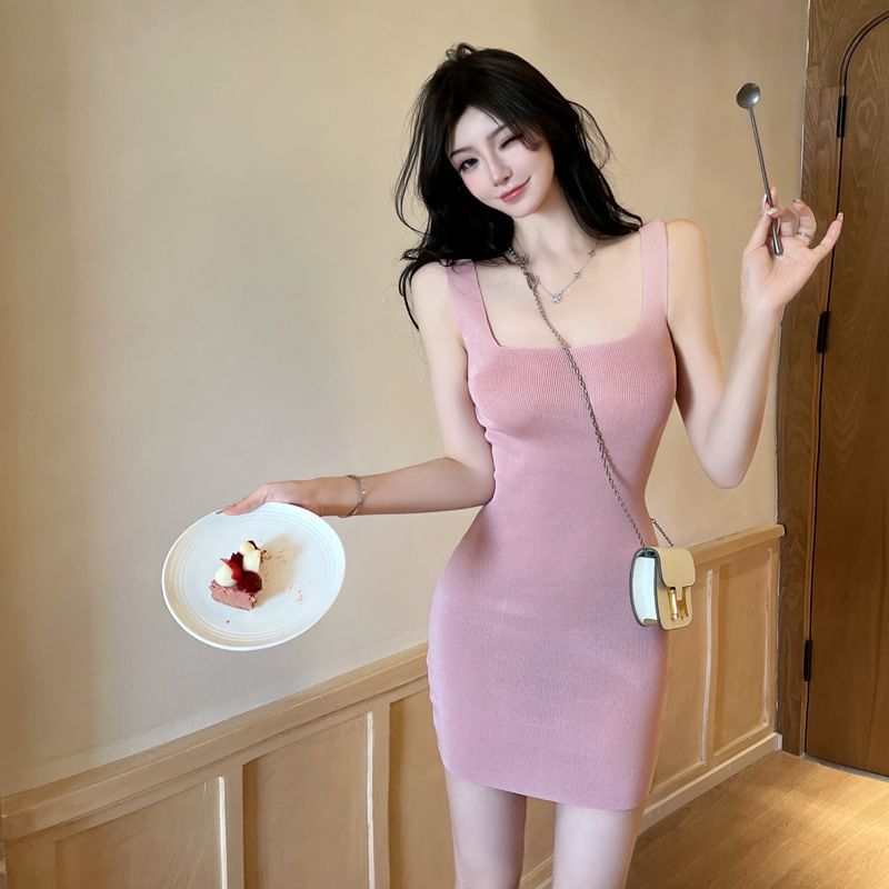 Sheath Knit Sleeveless Mini Dress Plain Neck Square