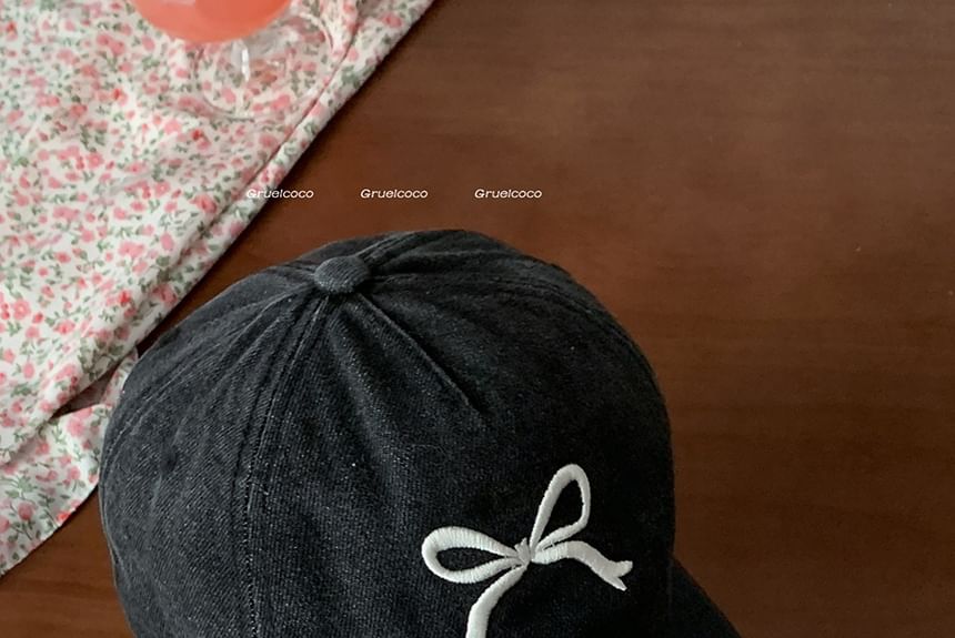 Bow Embroidered Washed Denim Baseball Cap