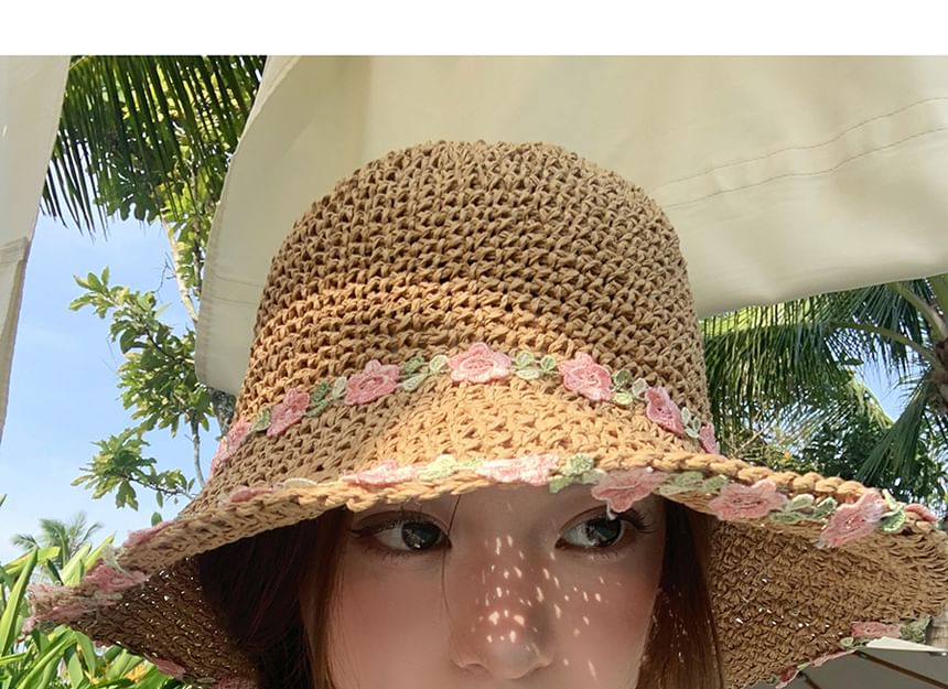 Floral Embroidered Straw Sun Hat