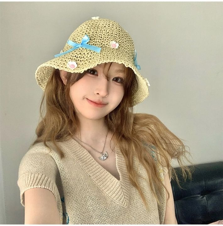 Floral Bow Straw Bucket Hat