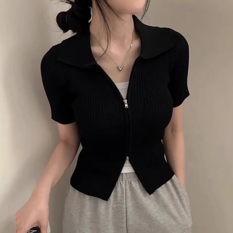 Short-Sleeve Collar Plain Ribbed Zip Knit Top