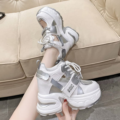 Platform Rhinestone Cutout Panel Hidden Wedge Sneakers