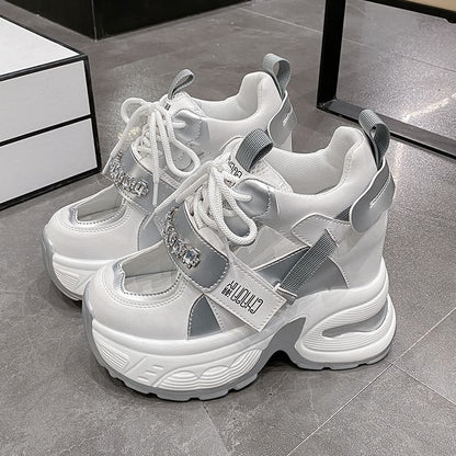 Platform Rhinestone Cutout Panel Hidden Wedge Sneakers