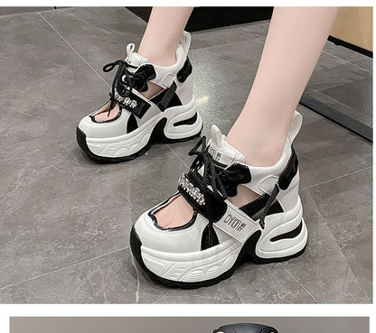 Platform Rhinestone Cutout Panel Hidden Wedge Sneakers