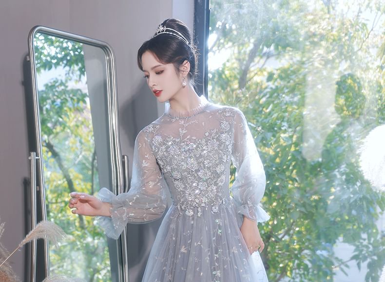 Designs) Lace A-Line Long-Sleeve Gown Flower Evening (Various