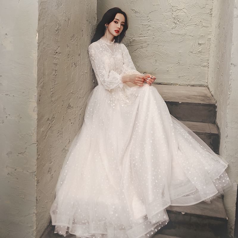 Neck Long-Sleeve Mock A-Line Floral Gown Plain (Various Designs) Evening